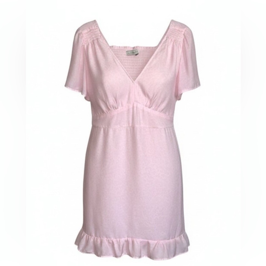 Abercrombie & Fitch Soft Pink Short Ruffle Sleeve V-Neckline Mini Babydoll Dress